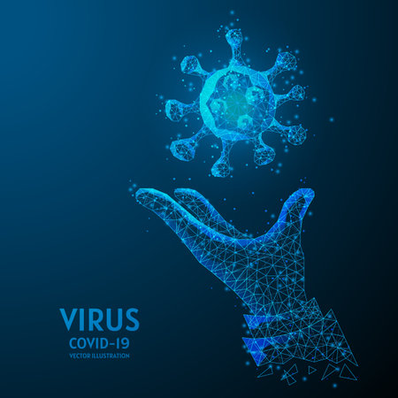 Closeup hand holds a virus. Virus research concept, innovative medical technology, COVID-19 coronavirus. Low poly wire frame isolated vector illustration.のイラスト素材