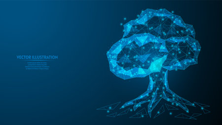 Fantastic future tree close-up. Communication concept, internet connection, cyber security, analysis, smart world. innovative technology. 3d low poly wireframe model isolated vector illustration.のイラスト素材