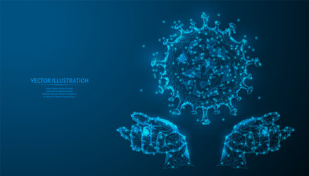 The human hand holds a new coronavirus infection virus COVID-19 close-up. Study, virus analysis, drug creation. innovative medicine. 3d low poly wireframe model isolated vector illustration.のイラスト素材