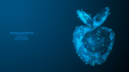 Apple close-up. Business concept, vegetarian healthy food. Sweet fruit of fresh fruit. space style. Innovative medicine and technology. 3d low poly wireframe model isolated vector illustration.のイラスト素材