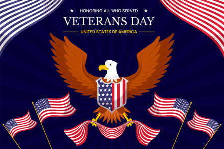 Flat Veterans Day vector illustration. Patriotic holiday on November 11 background. An American bald eagle holds a shield with an American flag on it.のイラスト素材