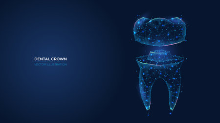 Futuristic abstract dental crown symbol. Wireframe concept of healthy restored teeth. Low poly 3d wallpaper background vector illustration.のイラスト素材