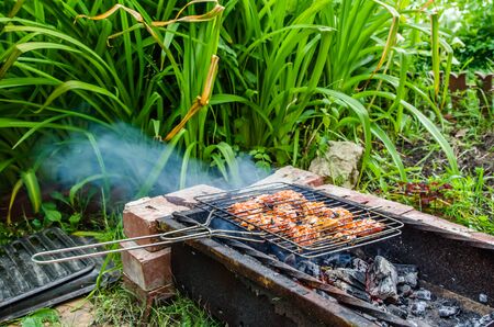 turkey kebab is roasted on a grill outdoorsの写真素材