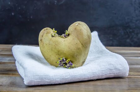 sprouted potatoes in the form of a heart on a brown wooden backgroundの写真素材