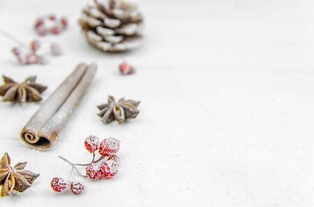 New year, Christmas, background. balls, cinnamon bump ash snow copy spaceの写真素材