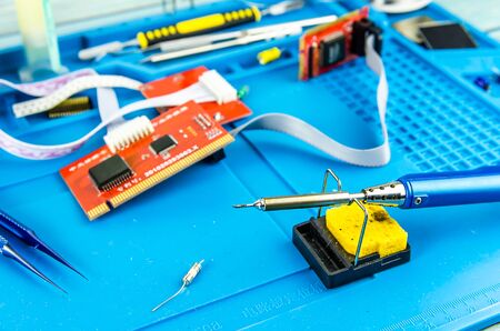 The electrician's workplace. Electronics. Schemes soldering ironの写真素材