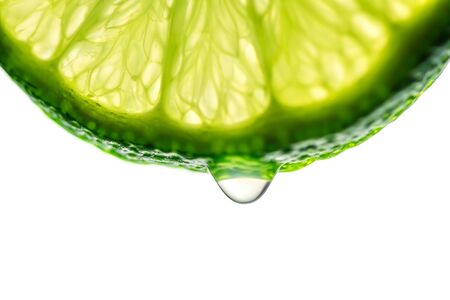 a drop of water falls from a slice of lime. isolated on white. copy space.