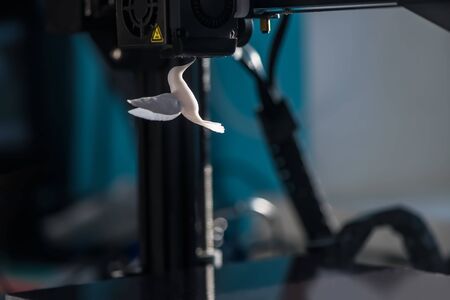 The 3D printer prints white plastic model of hummingbird. modern technology.の写真素材