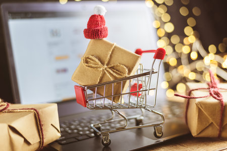concept of online shopping. new year, christmas, trolley, giftsの写真素材