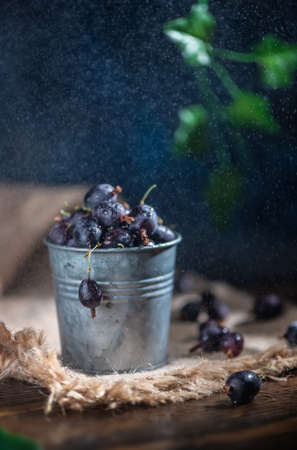 Ripe gooseberries fruit in bucket on wooden tableの写真素材