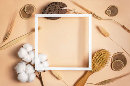 Bath Accessories on beige background. organic bath productsの写真素材