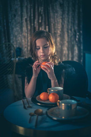 a cute elegant girl in a black dress sits at a table and holds a tangerine in her hand. holiday, new yearの写真素材