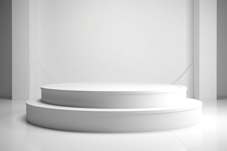 White empty round podium on a white background. Minimalistic background for cosmetics and accessories. Generative AIの素材