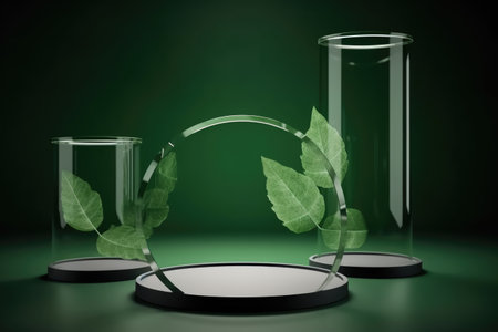 Abstract background for branding and minimal presentation. Green transparent podium with leaves. nature, naturalness, beautyの素材