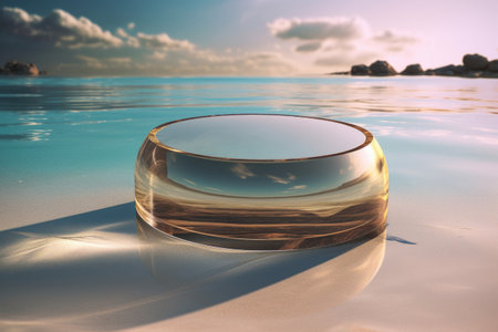 Empty round glass transparent platform podium on the beach sand. pedestal for products, for cosmeticsの素材