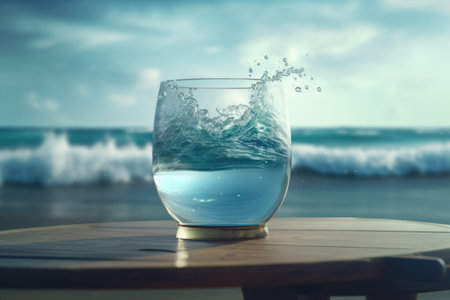 A glass of drinking water and water splash on wooden table next to the beachの素材
