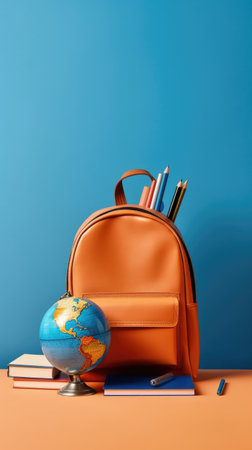 Backpack with different school stationery on light blue background. Concept school, education, back to schoolの素材