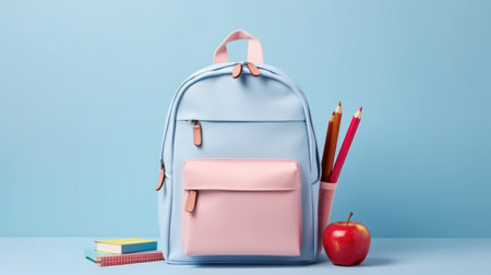 Backpack with different school stationery on light blue background. Concept school, education, back to schoolの素材