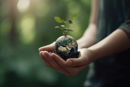 Hands hold a ball of ground, earth with a green sprout of the plant. The concept of nature, ecology, peace. Generative AIの素材