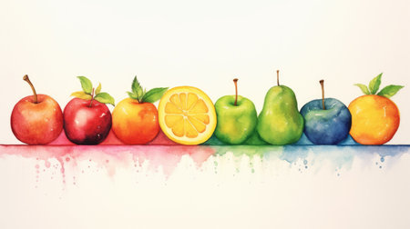 watercolor. colorful fruits in a row on a white background. vitamins, health care. AI-generatedの素材