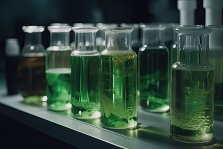 Algae, microalgae research in laboratories. biotechnology, science. Biofuel research process in laboratory. Generative AIの素材