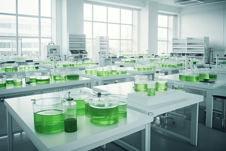 Algae, microalgae research in laboratories. biotechnology, science. Biofuel research process in laboratory. Generative AIの素材