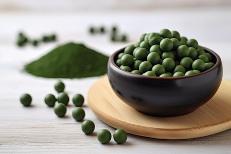 Powder and tablets from chlorella, spirulina. concept of superfood. Generative AIの素材