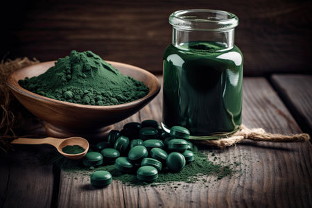 Powder and tablets from chlorella, spirulina. concept of superfood. Generative AIの素材