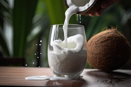 A glass of coconut milk on a wooden table with coconuts. Generative AIの素材
