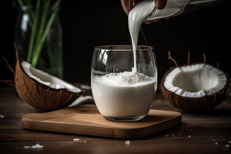 A glass of coconut milk on a wooden table with coconuts. Generative AIの素材