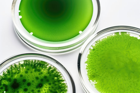 Algae, microalgae in petri dishes research in laboratories. biotechnology, science. Flat lay, top view. macro. Biofuel research process in laboratory. Generative AIの素材