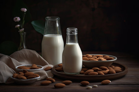 A glass of almond milk on a wooden table with almonds. Generative AIの素材