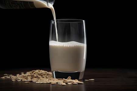 A glass of oat milk on a wooden table with sprinkled oatmeal flakes. Generative AIの素材