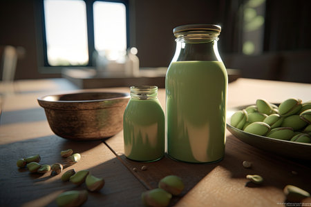 A glass of Pistachio milk on a wooden table with pistachios. Generative AIの素材