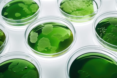 Algae, microalgae in petri dishes research in laboratories. biotechnology, science. Flat lay, top view. macro. Biofuel research process in laboratory. Generative AIの素材