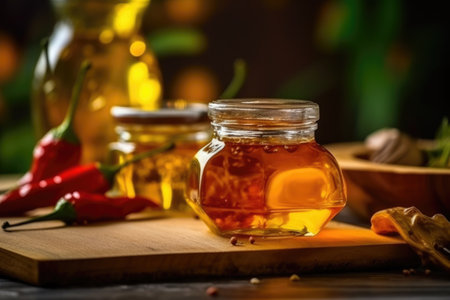 Jar of hot honey and dry chili peppers on table. Generative AIの素材