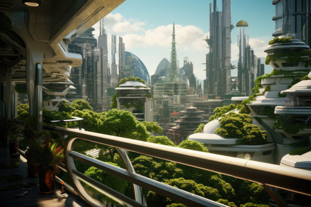 beautiful city of the future, eco-style, with green gardens on the balconies, futurismの素材