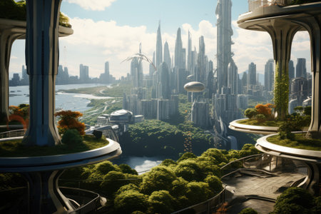 beautiful city of the future, eco-style, with green gardens on the balconies, futurismの素材