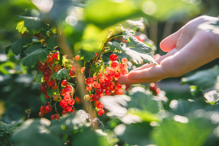 Beautiful clusters of red currants in the sun. harvest, garden, agricultureの写真素材