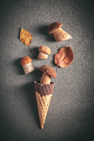 The concept of superfood. composition with ice cream cone and mushrooms