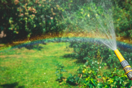 A rainbow of water during watering in the garden. agriculture, care for plants, grassの写真素材
