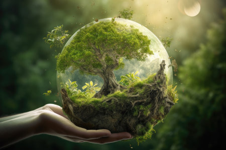 A green tree in a glass ball. Concept Ecology Generative AIの素材