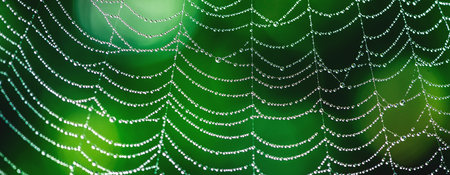 natural background. cobwebs in dew drops on a green plant