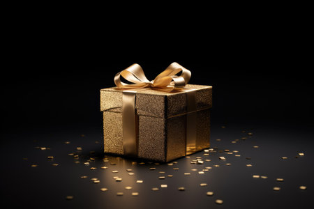 golden gift box with gold ribbons on a black background with sequins. Gift, New Year, Christmas, Black Fridayの素材