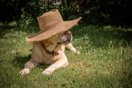 beautiful fawn Labrador in a straw hat lies on the grassの写真素材