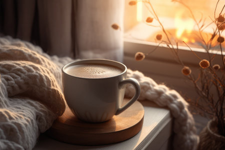 Cozy photo. A cup of coffee, a book and a candle by the window, blanketの素材