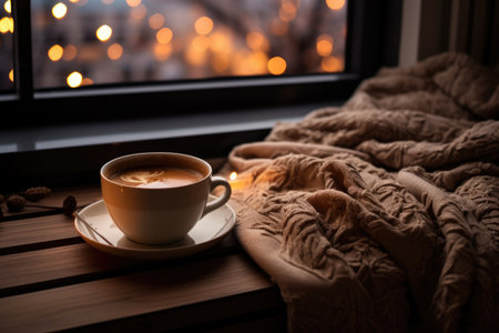 Cozy photo. A cup of coffee, a book and a candle by the window, blanketの素材