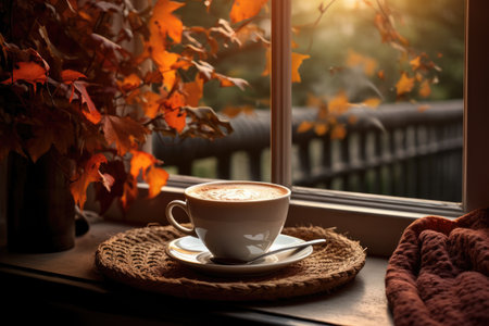 Cozy photo. A cup of coffee, a book and a candle by the window, blanket. autumnの素材