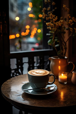 A cup of coffee, cappuccino on a table in a cafの素材