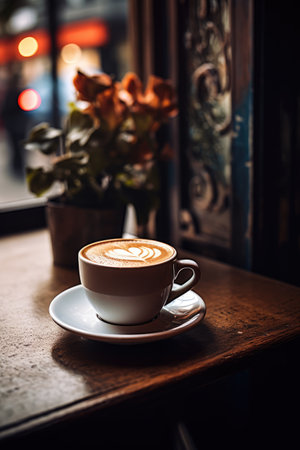 A cup of coffee, cappuccino on a table in a cafの素材
